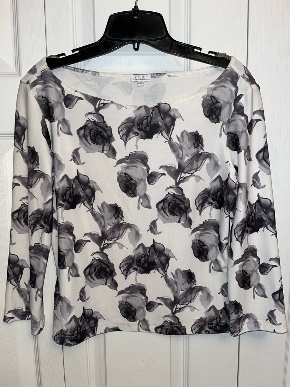 XOXO White Long Sleeve Floral Top with Black Roses